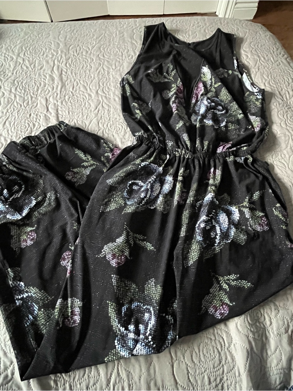 lululemon athletica Black Floral Sleeveless Jumpsuit. Garden Party Onesie.